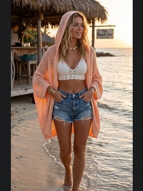 Aritiza Talula peachy beachy open knit hooded beach throw on size S generous fit